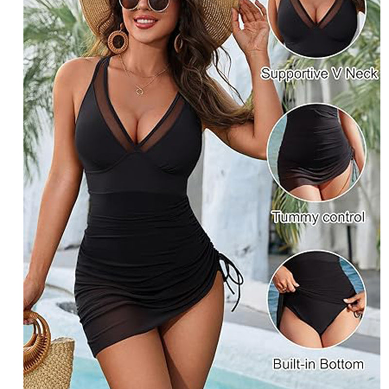 One-Piece Swim Dress with Mesh Sarong - view 4