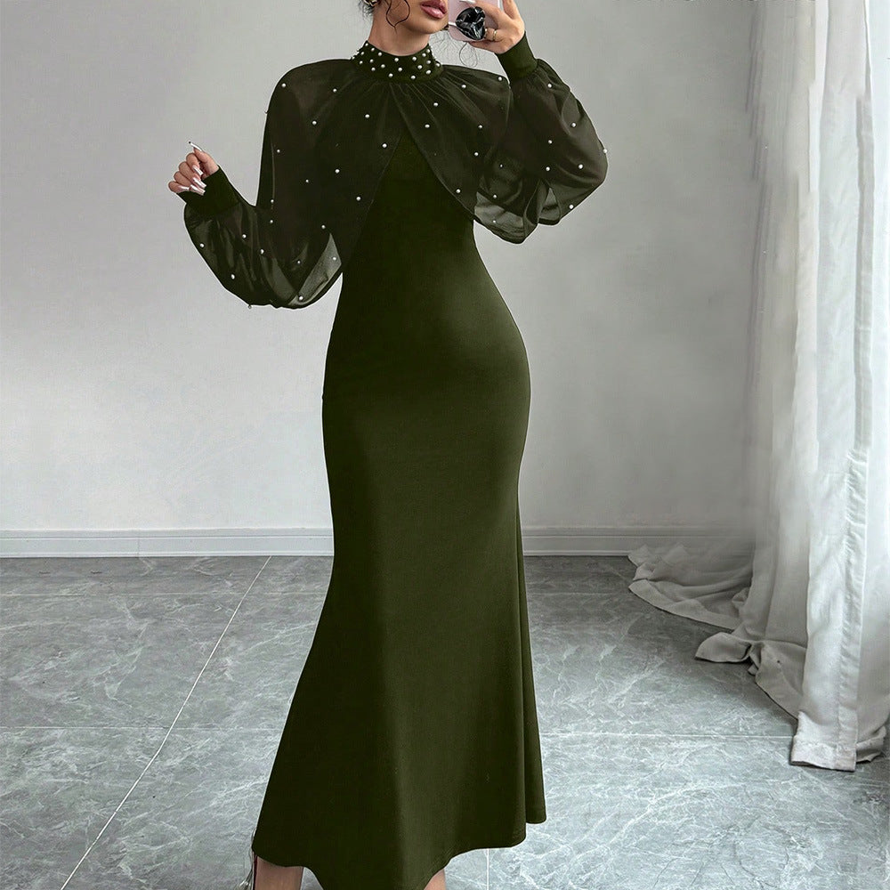 Solid Patchwork Long Sleeve Bodycon Dress in Olive Green – view 11 of 16