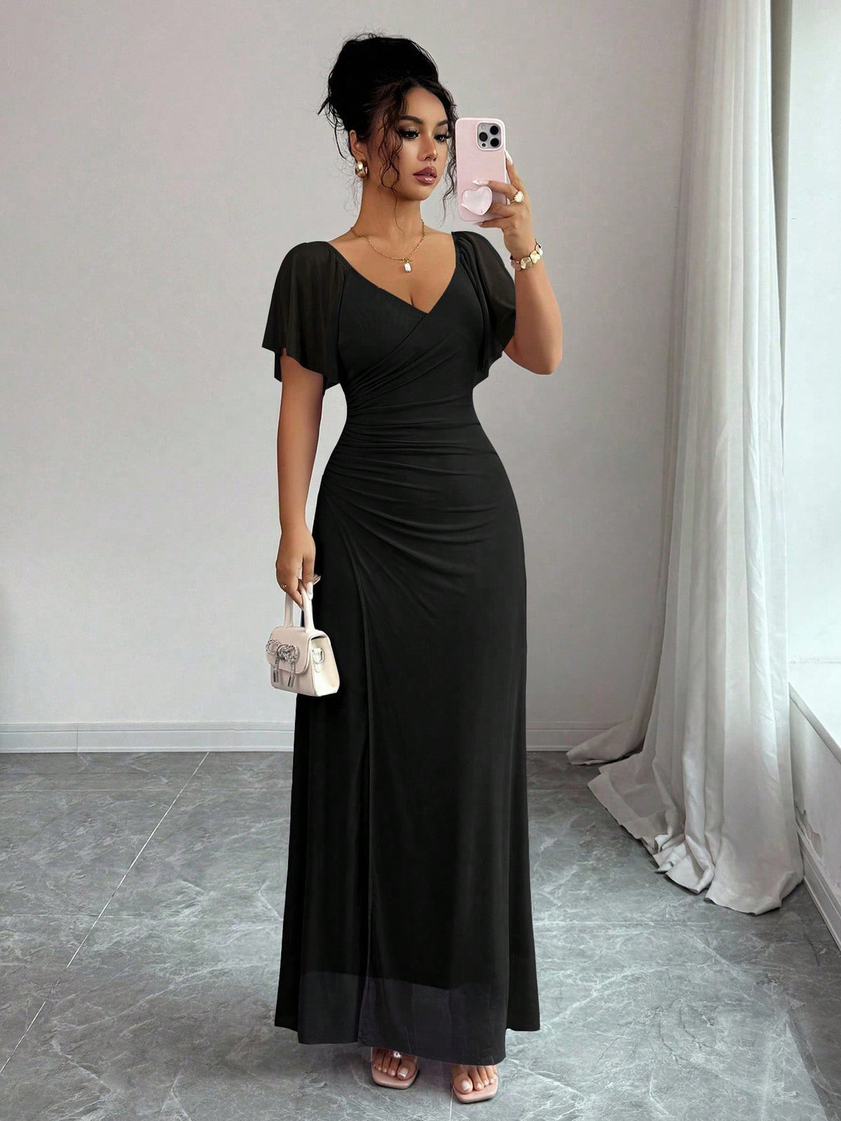 Flutter Sleeve Pleated Sheath Dress in Black – view 8 of 12