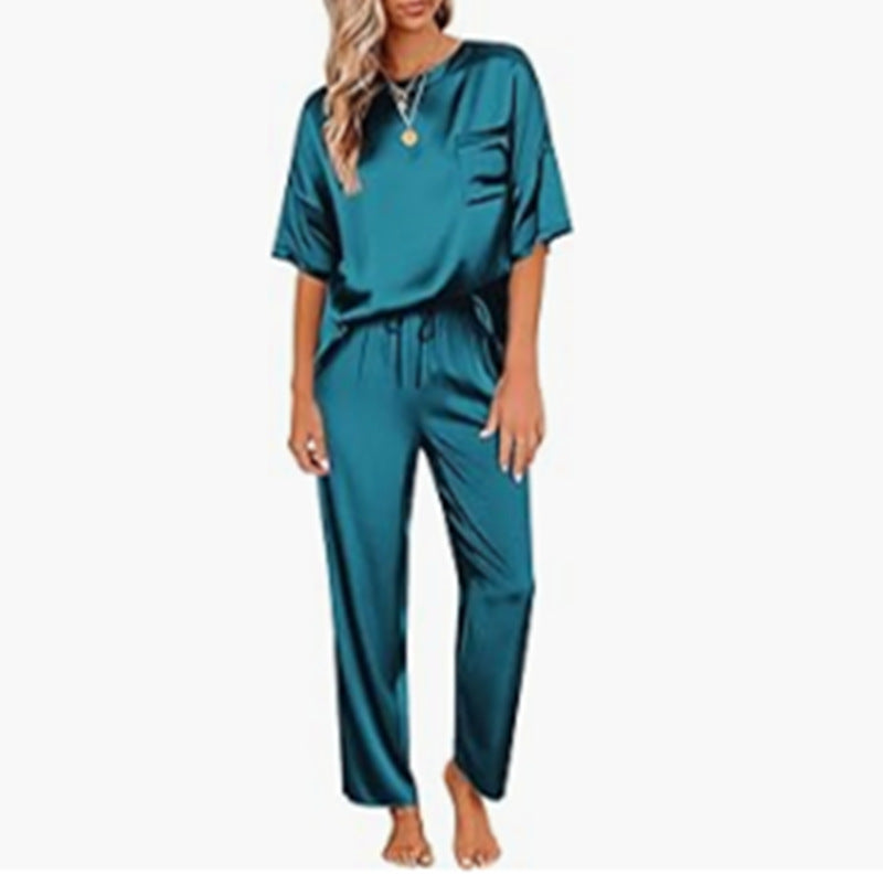 Satin Short-Sleeve Pajama Set with Long Pants - view 2